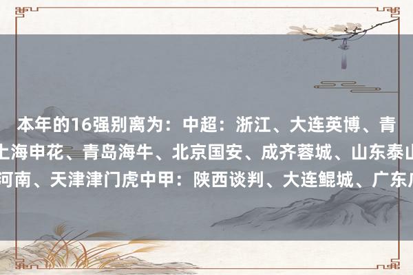 本年的16强别离为：中超：浙江、大连英博、青岛西海岸、云南玉昆、上海申花、青岛海牛、北京国安、成齐蓉城、山东泰山、上海海港、河南、天津津门虎中甲：陕西谈判、大连鲲城、广东广州豹、中乙：广西恒宸    体育录像/图片
