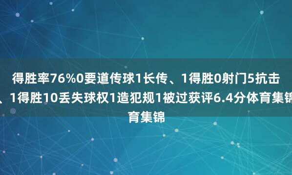 得胜率76%0要道传球1长传、1得胜0射门5抗击、1得胜10丢失球权1造犯规1被过获评6.4分体育集锦